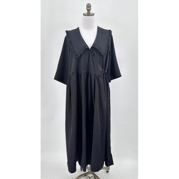 Ganni Black Peter Pan Collar Ruffle Oversized Midi Wrap Dress Sz S/M - Picture 1 of 6